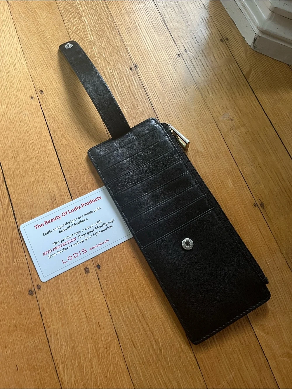 Lodis Black Leather Zip Wallet with Card Strap